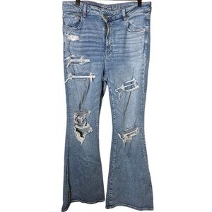 AE Next Level Stretch Crossover Waistband Distressed Super Hi-Rise Flare Size 14